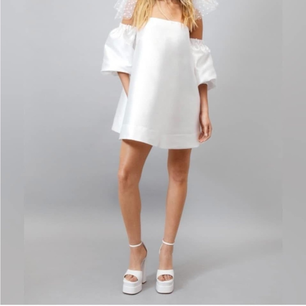 Nasty Gal White Off-Shoulder Puff Sleeve Mini Baby Doll Dress